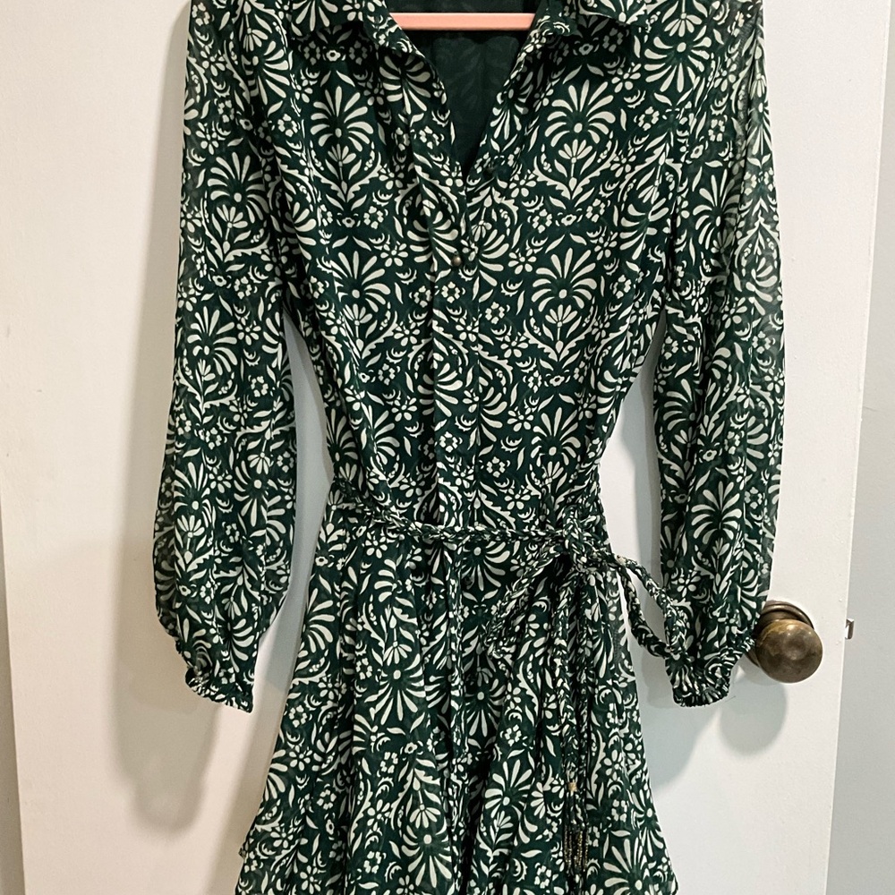 Zara Green and White Long Sleeve Dress